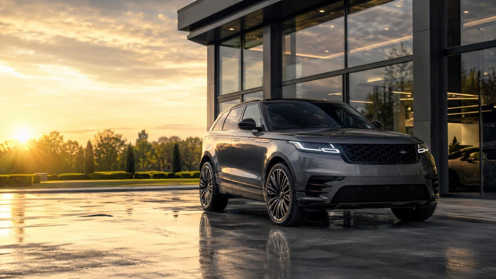 Premium SUV outside a modern dealership at dusk